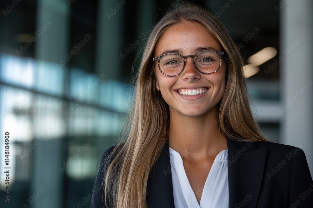 A smiling young woman wearing glasses poses confidently in a contemporary business setting, epitomizing modern professionalism and a positive work attitude. A smiling young woman wearing glasses poses confidently in a contemporary business setting, epitomizing modern professionalism and a positive work attitude.