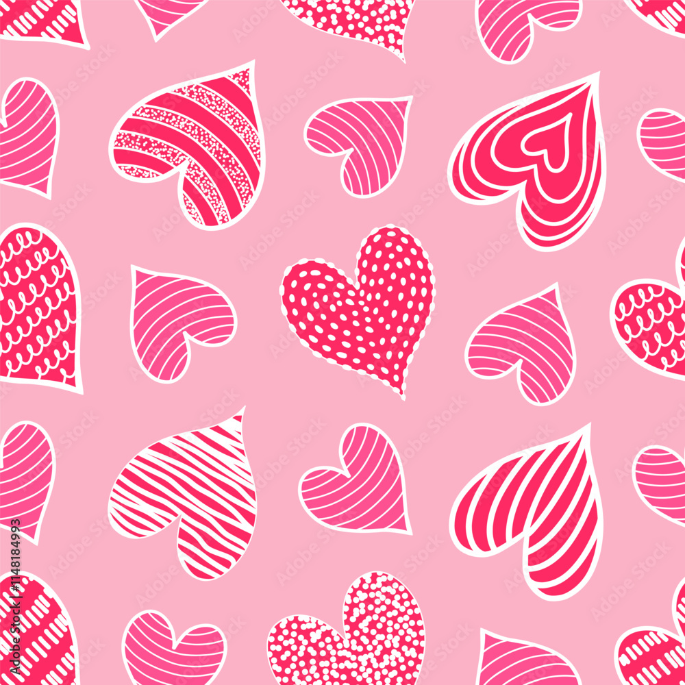 Seamless pattern with red doodle hearts on pink background. Seamless pattern with red doodle hearts on pink background.