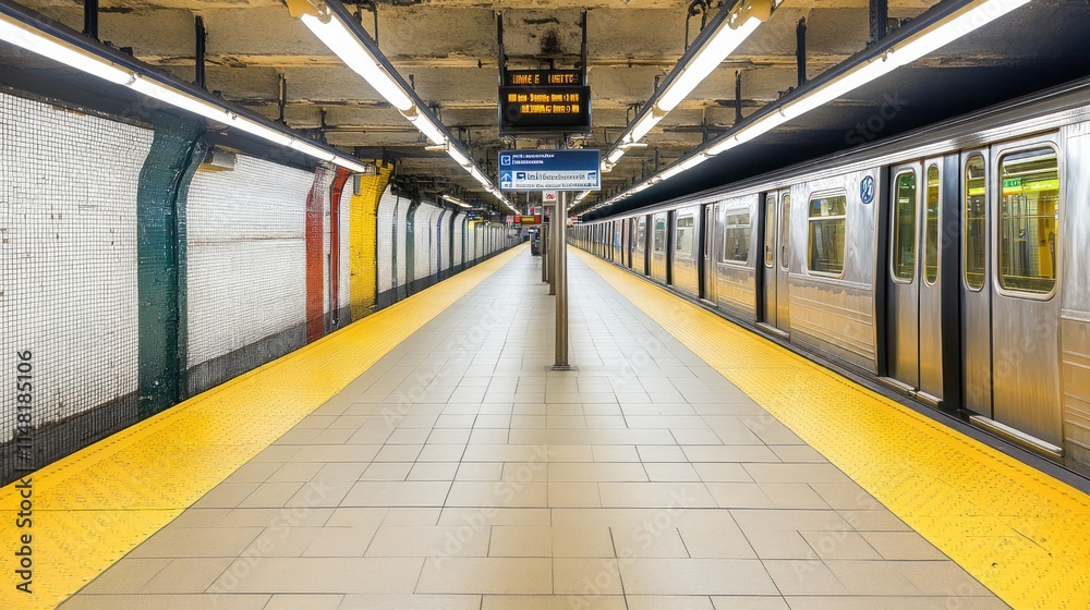 Obraz premium Empty subway platform with train and bright yellow platform edges.