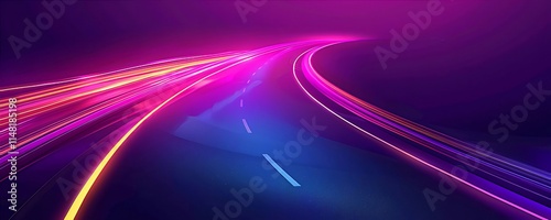 Abstract neon light trails on a road at night.