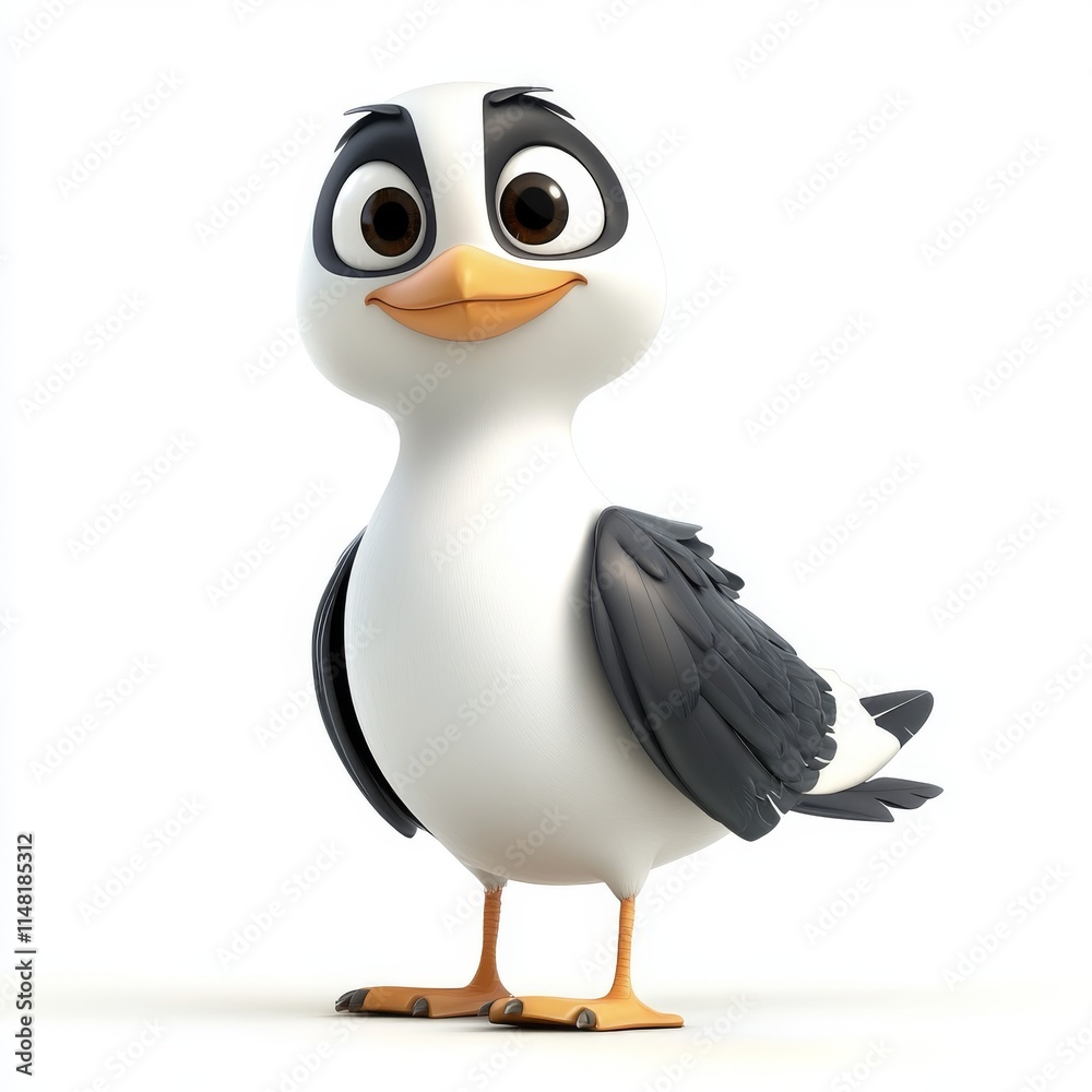 Obraz premium Cheerful Cartoon Seagull with Big Round Eyes on White Background - Cute Character Illustration with Clean Line Art and Gentle Shades