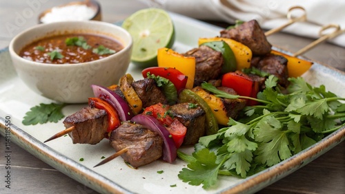 Colorful anticuchos platter showcases grilled skewers with vibrant vegetables and flavorful sauce photo