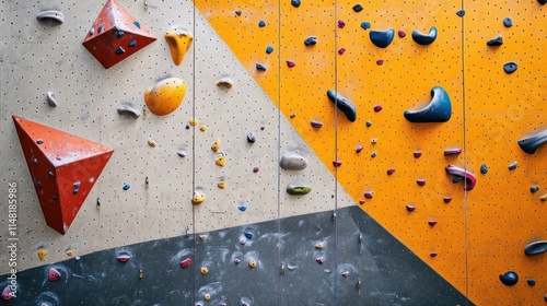 Indoor climbing wall with colorful holds on beige and orange panels.