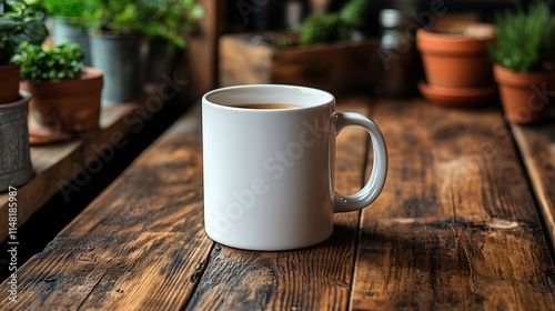 White ceramic mug on rustic wooden table in dim lighting