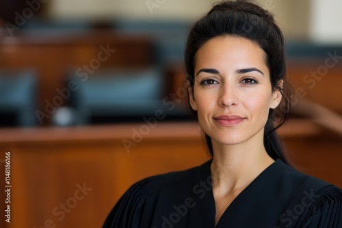 A young female judge stands confidently in her courtroom attire, illustrating authority and professionalism while ready to deliver justice with a serious expression.