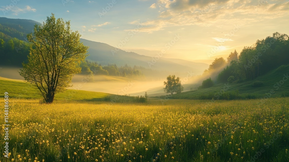 Obraz premium Sunrise over misty valley, lone tree in blooming meadow.