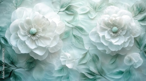 Elegant 3D white flowers and teal leaves fabric texture background.