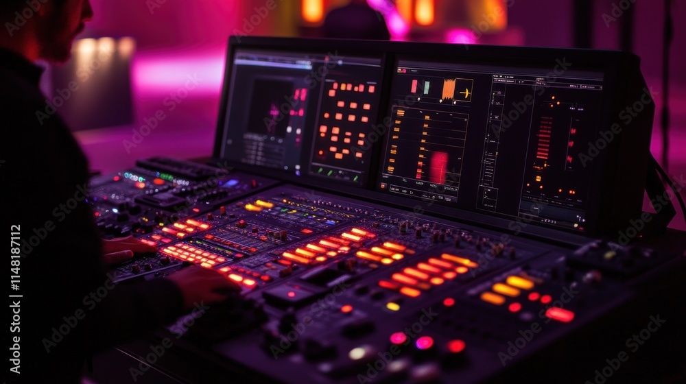 Person operating a large sound mixing console with dual monitors in a dimly lit room. Person operating a large sound mixing console with dual monitors in a dimly lit room.