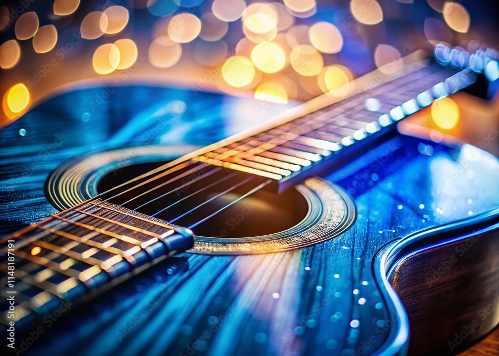 Obraz premium Macro Blue Guitar Light Photography - Closeup Detail Shots of Acoustic Instrument