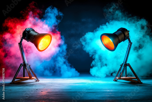 A pair of spotlights on a stage with smoke coming out of them photo