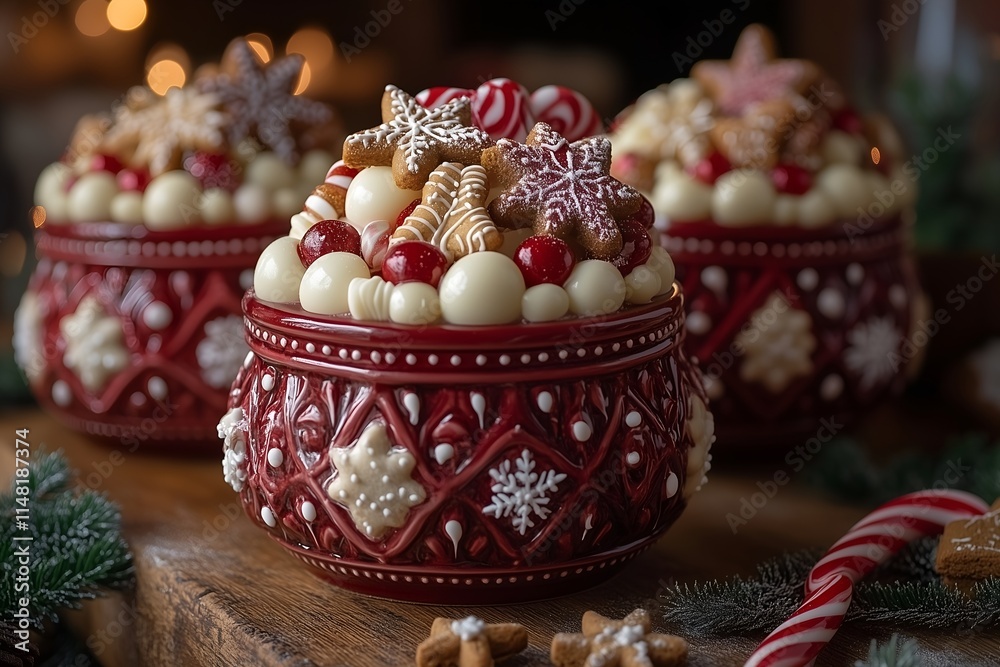 Fototapeta premium Festive holiday treats in decorative bowls on a wooden table
