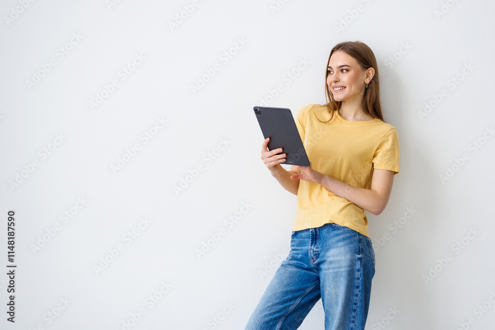 Young attractive woman hold tablet hand touch chin isolated over white background Young attractive woman hold tablet hand touch chin isolated over white background