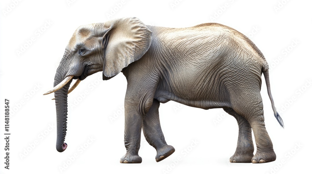 Obraz premium Realistic Portrait of an Adult African Elephant Walking Gracefully in Profile, Highlighting the Texture and Detail of Its Skin and Majestic Form
