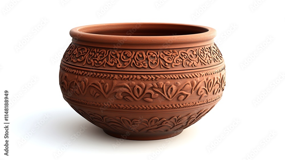 A tan-colored ceramic pot is displayed on a white background. The pot has decorative patterns embossed around its round shape. A tan-colored ceramic pot is displayed on a white background. The pot has decorative patterns embossed around its round shape.