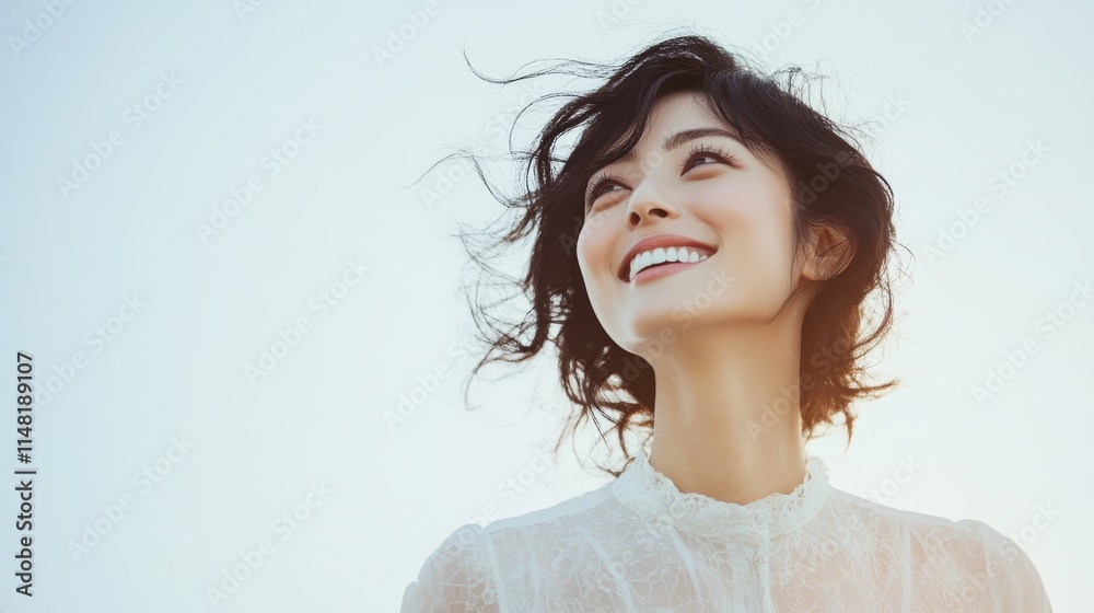 Confident Japanese Woman with Bright Smile in Elegant Blouse on White Background Confident Japanese Woman with Bright Smile in Elegant Blouse on White Background