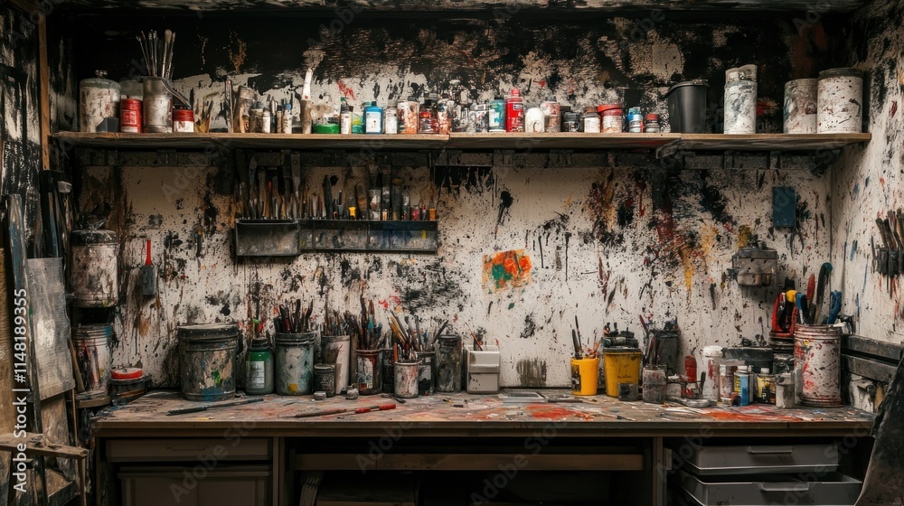 Messy artist's studio workbench with paint, brushes, and supplies. Messy artist's studio workbench with paint, brushes, and supplies.