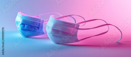 Two disposable face masks in vibrant pink and blue neon light. photo