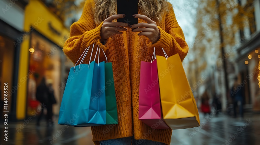 Obraz premium Woman in yellow sweater shopping uses phone