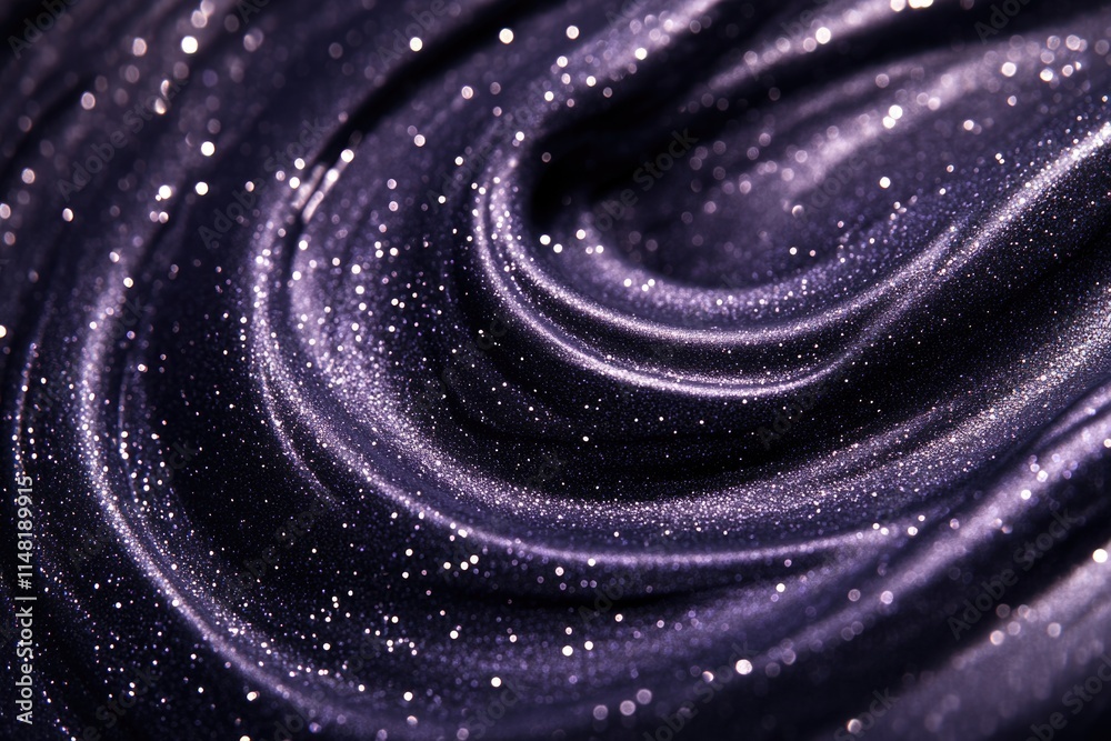 Dark purple glittering fabric swirls, creating a luxurious, cosmic effect. Dark purple glittering fabric swirls, creating a luxurious, cosmic effect.