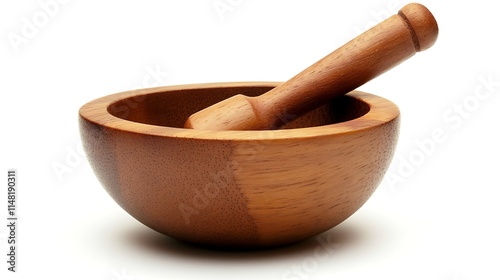 A wooden mortar and pestle simple design, with a round bowl and a cylindrical pestle ,used for grinding herbs or spices.