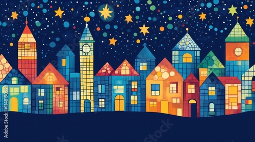 Colorful houses on a starry night, whimsical cityscape illustration.