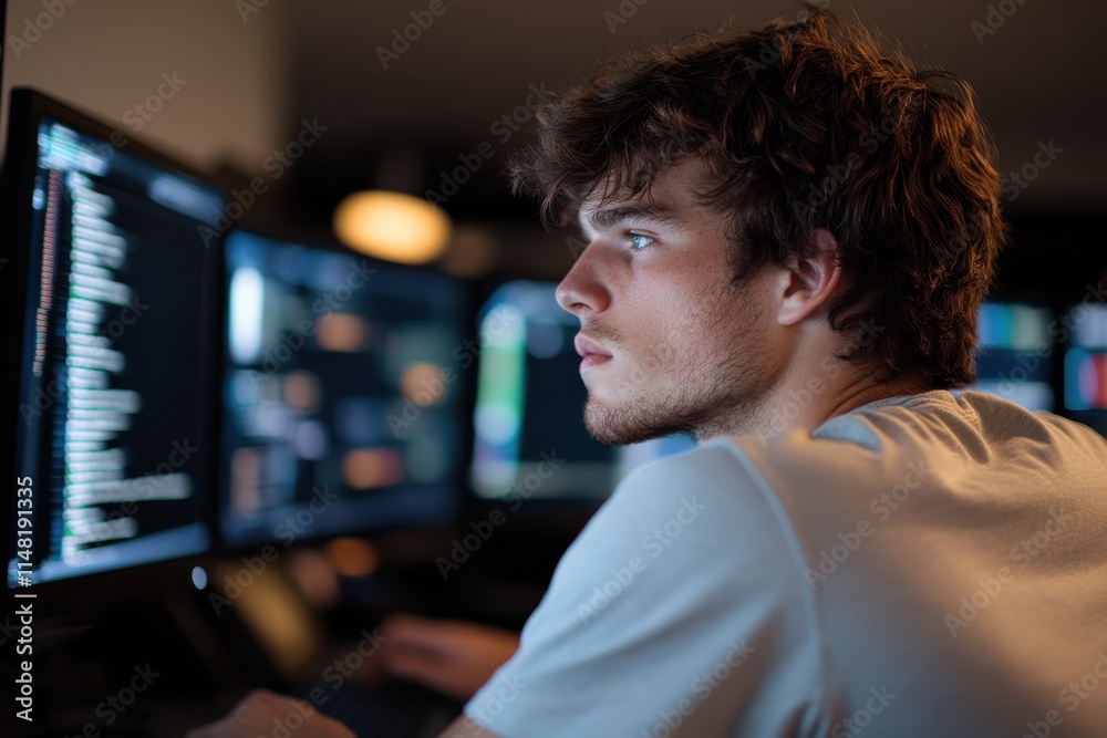 A young man intensely programming on multiple screens, illustrating concentration and the high-tech work environment of software development and coding. A young man intensely programming on multiple screens, illustrating concentration and the high-tech work environment of software development and coding.