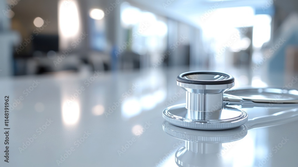Close-up of a stethoscope on a reflective surface in a modern medical setting.