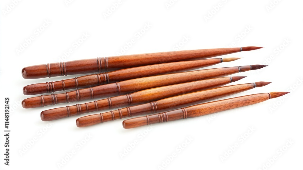 Six wooden-handled paintbrushes with fine tips, arranged on a white background. Six wooden-handled paintbrushes with fine tips, arranged on a white background.