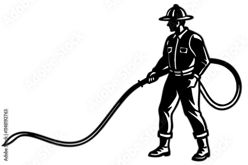 A firefighter holding a hose vector silhouette illustration on white background