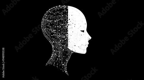 A white robot girl’s head in profile, showcasing advanced artificial intelligence design with intricate details, featuring a futuristic and sleek appearance, embodying the concept of robotics, technol