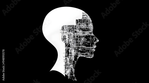 A white robot girl’s head in profile, showcasing advanced artificial intelligence design with intricate details, featuring a futuristic and sleek appearance, embodying the concept of robotics, technol