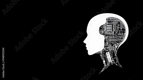 A white robot girl’s head in profile, showcasing advanced artificial intelligence design with intricate details, featuring a futuristic and sleek appearance, embodying the concept of robotics, technol