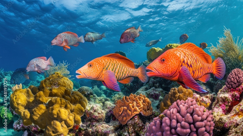 Naklejka premium Vibrant coral reef teeming with colorful fish, showcasing diverse marine life in a stunning underwater scene.