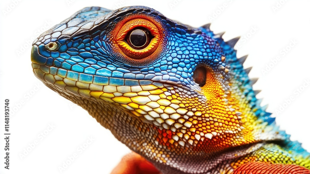 Obraz premium Colorful Close-up of a Beautiful Lizard Displaying Vibrant Blue and Orange Scales Against a Clean White Background for Nature and Wildlife Photography
