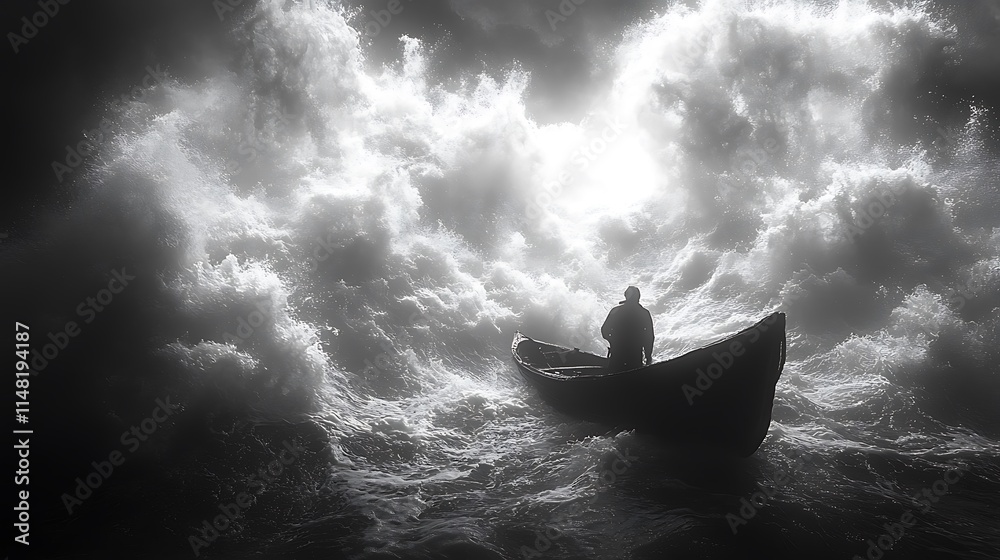 Obraz premium Solitary Figure In Small Boat Navigating Immense Waves