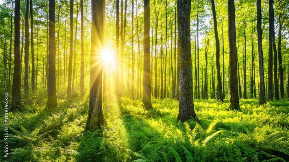 Fototapeta premium Sun rays illuminate a lush green forest with tall trees and ferns.