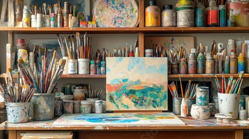 Wallpaper Mural Artist's messy studio with paint, brushes, and canvas. Torontodigital.ca