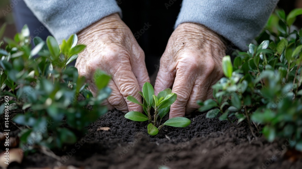 Gardener's Delight - Hands scooping fresh soil in morning light with natural texture and shrubbery backdrop Gardener's Delight - Hands scooping fresh soil in morning light with natural texture and shrubbery backdrop