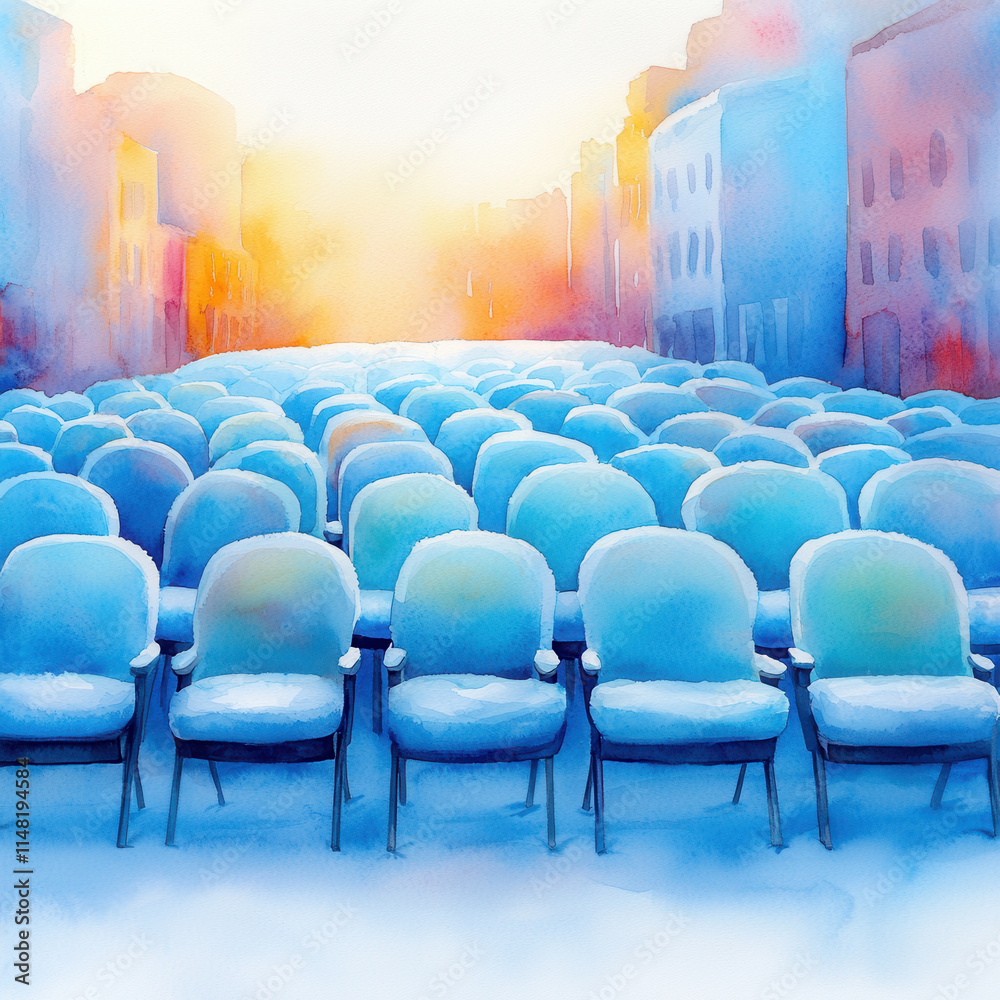 Fototapeta premium Snow covered seats in vibrant watercolor cityscape