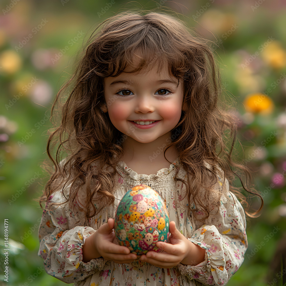 A cheerful young girl in a floral dress holding a decorated Easter egg in a sunny spring meadow A cheerful young girl in a floral dress holding a decorated Easter egg in a sunny spring meadow