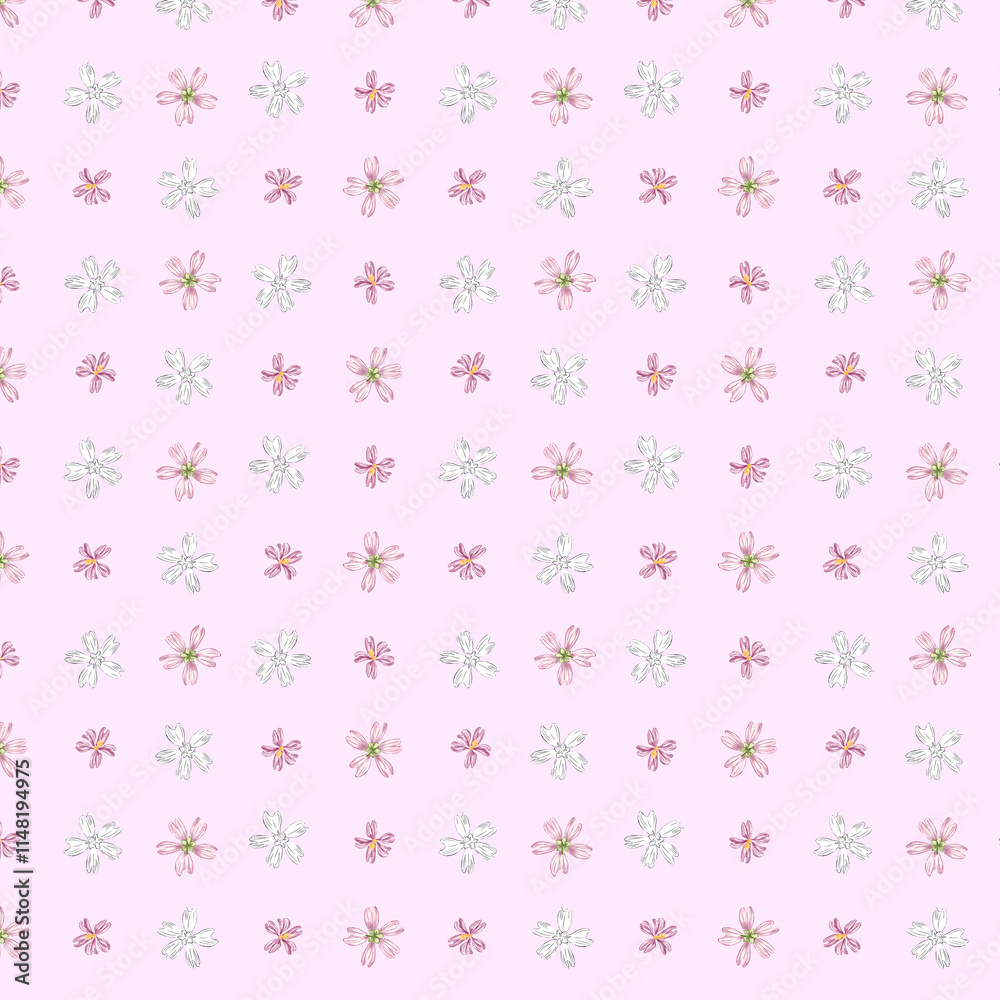 Floral pattern. Seamless pattern with wild wildflower pink flowers. Flower blossom. Illustration in sketch and color style. Doodle and line drawing. Summer design for textile, packaging, paper. Floral pattern. Seamless pattern with wild wildflower pink flowers. Flower blossom. Illustration in sketch and color style. Doodle and line drawing. Summer design for textile, packaging, paper.