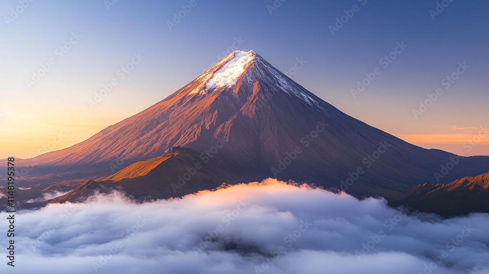 Majestic snow-capped volcano rising above a sea of clouds at sunrise. Majestic snow-capped volcano rising above a sea of clouds at sunrise.