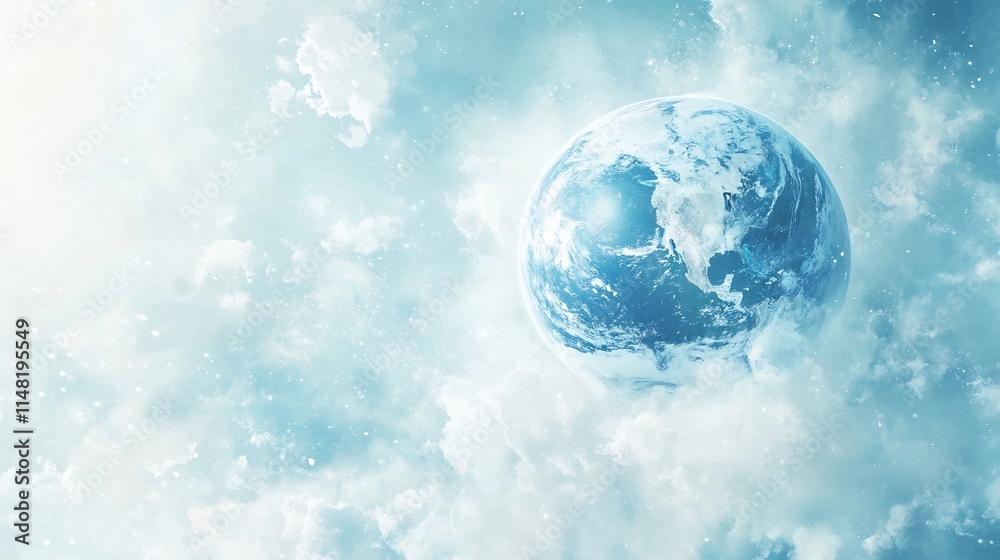 Earth floating in a luminous, ethereal sky filled with soft, light blue clouds and celestial dust. Earth floating in a luminous, ethereal sky filled with soft, light blue clouds and celestial dust.