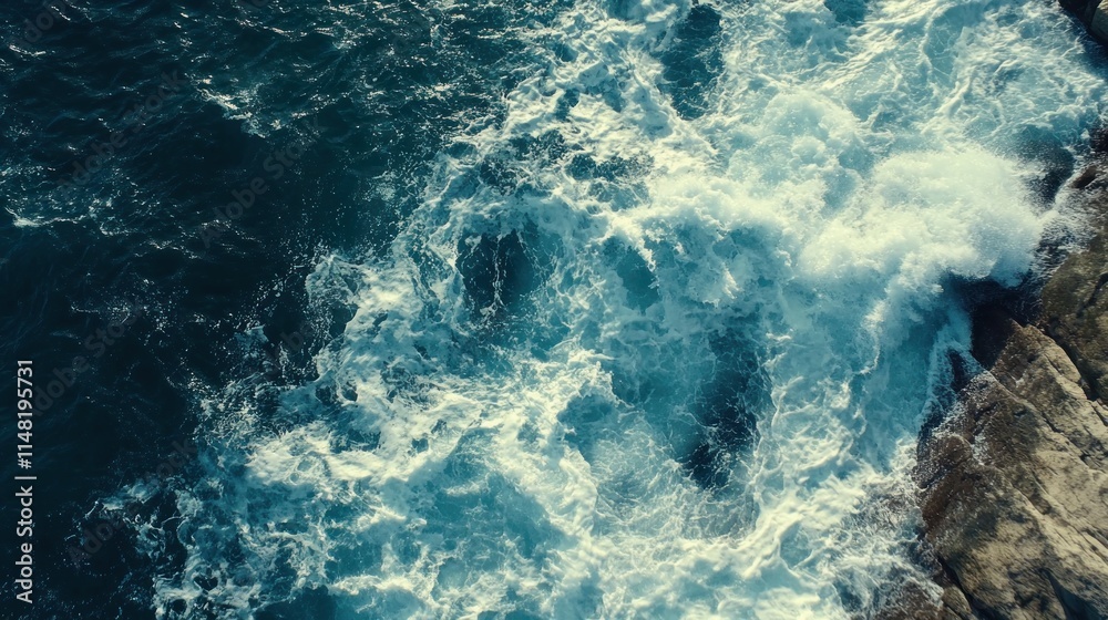 Aerial view of ocean waves crashing against rocky shore.
