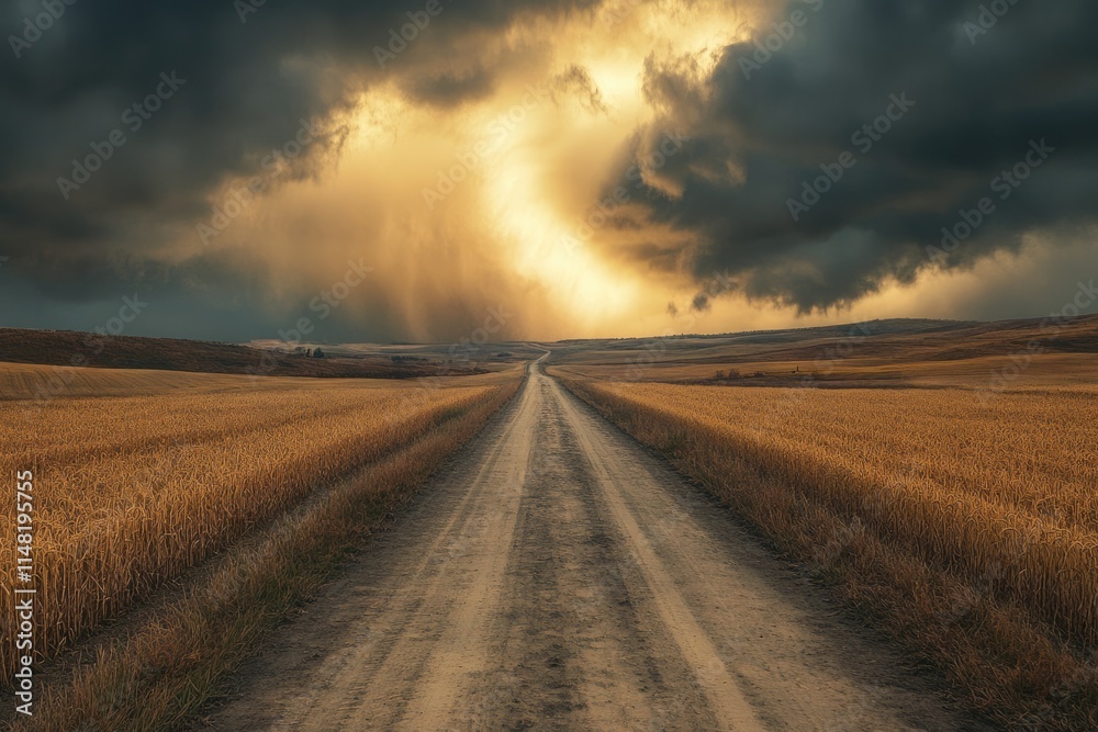 Naklejka premium Driving towards tornado through wheat and corn fields.