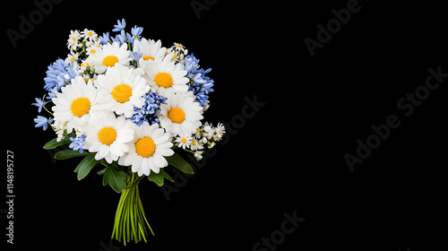 A bouquet of daisies, snowdrops, and bluebells against a soft background, creating a serene and natural floral arrangement, showcasing the beauty of spring flowers and evoking feelings of freshness, r