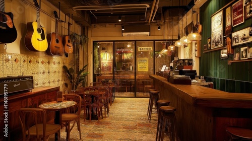 Cozy music bar interior with wooden bar, acoustic guitars, and vintage decor.