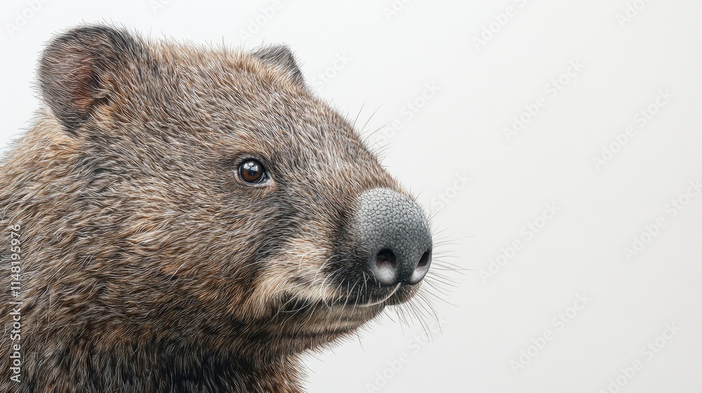 Naklejka premium Close-Up Portrait of a Wombat in Soft Light Capturing the Texture of Fur and Unique Features of This Australian Native Animal Against a Subtle Background