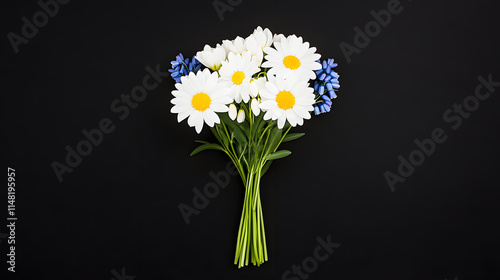 A bouquet of daisies, snowdrops, and bluebells against a soft background, creating a serene and natural floral arrangement, showcasing the beauty of spring flowers and evoking feelings of freshness, r