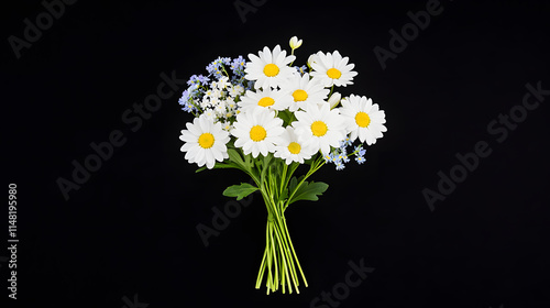A bouquet of daisies, snowdrops, and bluebells against a soft background, creating a serene and natural floral arrangement, showcasing the beauty of spring flowers and evoking feelings of freshness, r